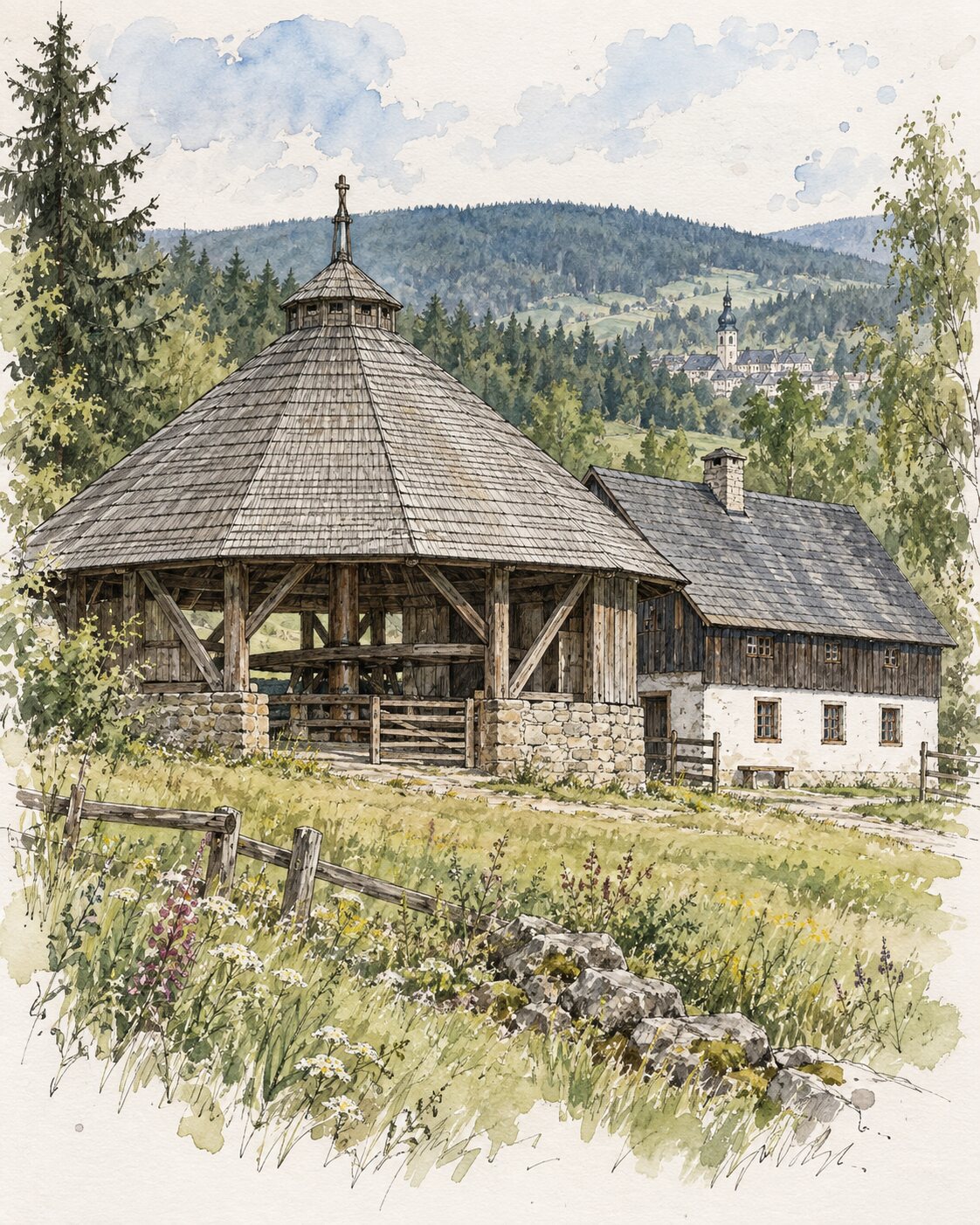 Rekonstruierter Pferdegöpel mit Schindeldach und Huthaus in Johanngeorgenstadt als Tusche-Aquarell.