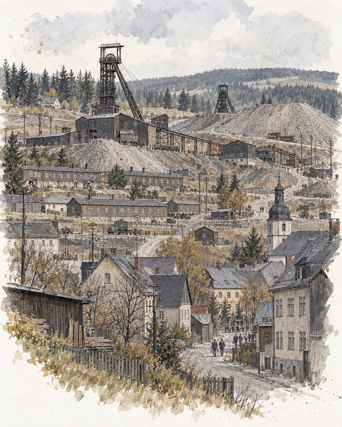 Sachliche Tusche-Aquarellansicht von Wismut-Schächten, Halden und Siedlung in Johanngeorgenstadt um 1950.