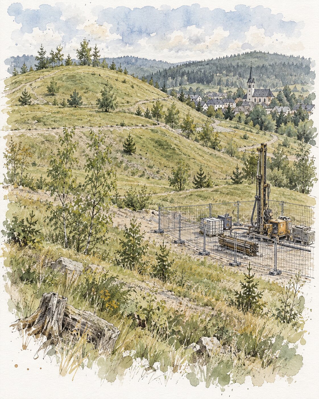 Begrünte sanierte Halden und gesicherter Bohrplatz vor Johanngeorgenstadt als Tusche-Aquarell.