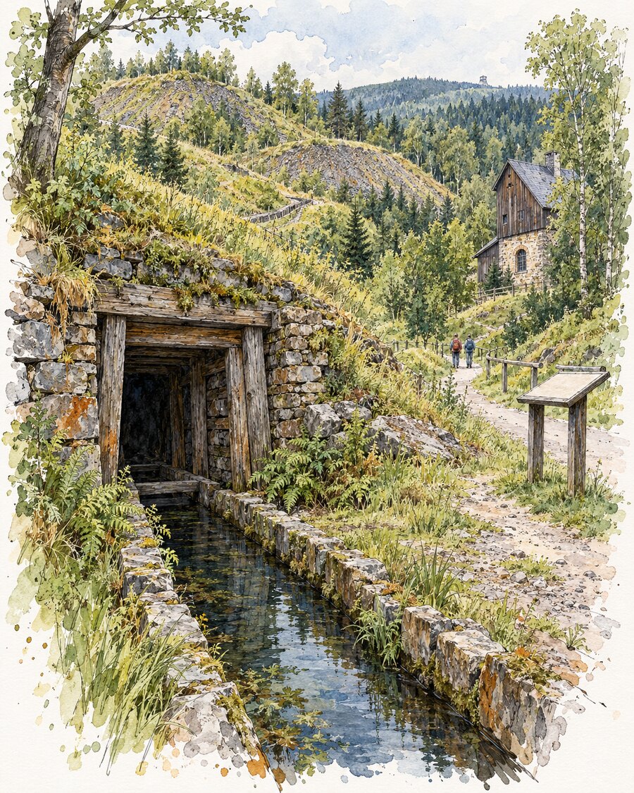 Tusche-Aquarell einer sanierten Montanlandschaft mit begrünten Halden, erhaltenem Mundloch, Wassergraben und Besucherweg.