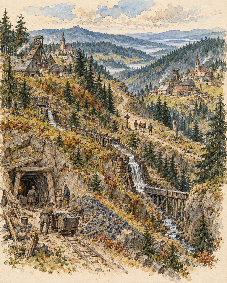 Tusche-Aquarell einer Erzgebirgslandschaft mit zwei Bergstädten, Stollen, Wassergraben und Bergleuten auf einem Gebirgspass