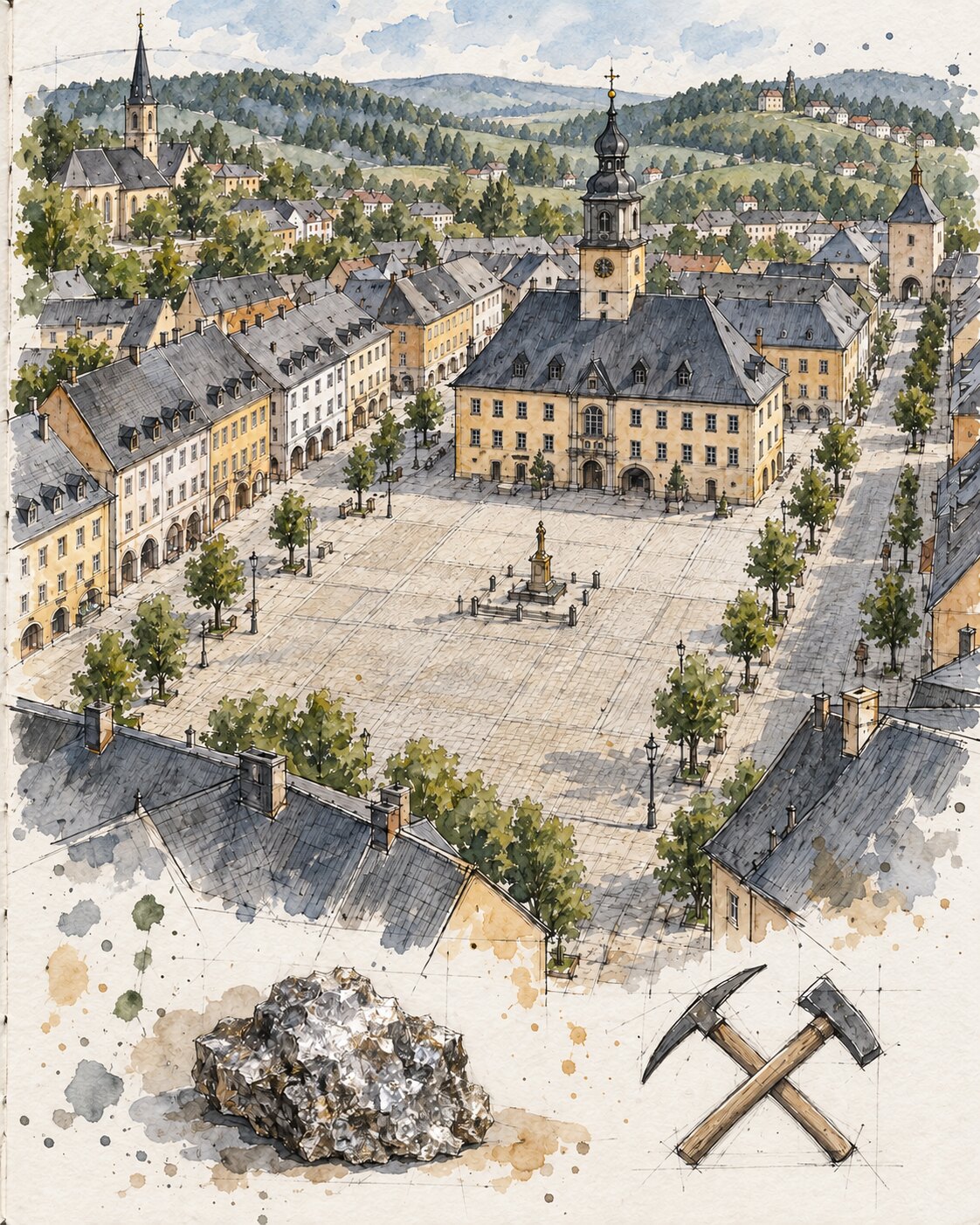 Handgezeichnete Ansicht des regelmäßigen Marktplatzes von Marienberg mit Rathaus und Kirche.