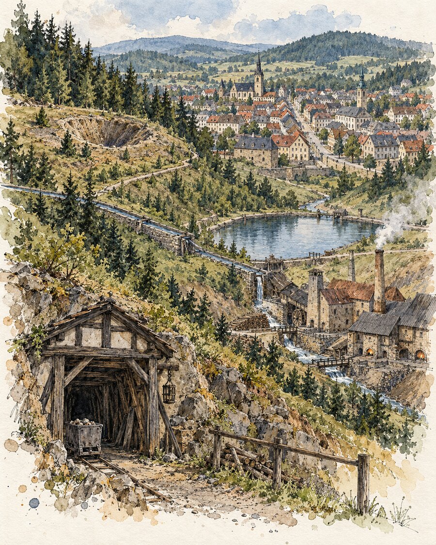 Tusche-Aquarell mit Bergstadt, Pinge, Wasseranlage, Hütte und Stollenmundloch als Elemente der grenzüberschreitenden Montanregion.