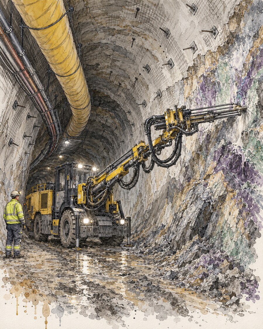 Tusche-Aquarell eines modernen Untertage-Bohrgeräts in einer ausgebauten Strecke mit Ankern und Bewetterungsleitung.
