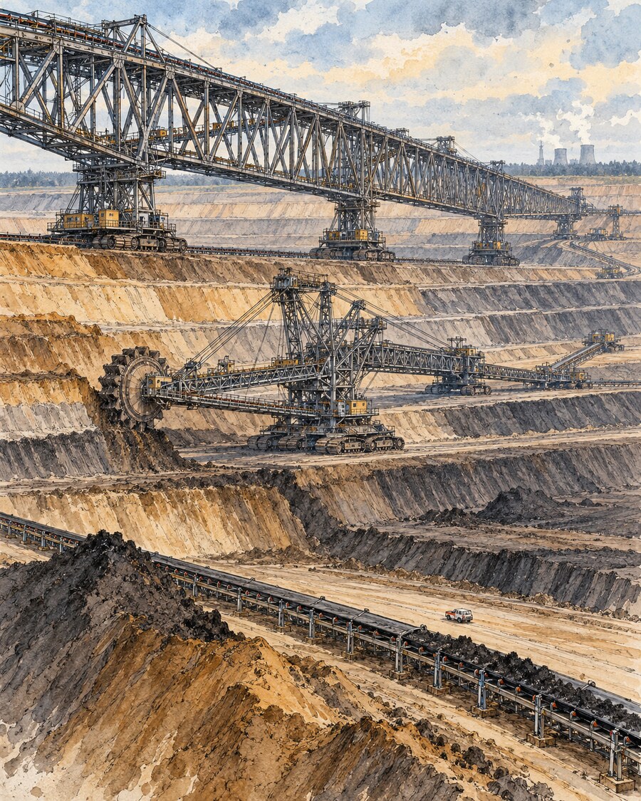 Tusche-Aquarell einer Abraumförderbrücke vom Typ F60 mit Schaufelradtechnik und Förderbändern in einem Lausitzer Tagebau.