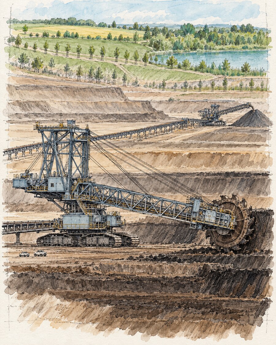 Tusche-Aquarell eines Schaufelradbaggers mit Förderbändern; im Hintergrund liegen ein rekultivierter See und junge Baumreihen.