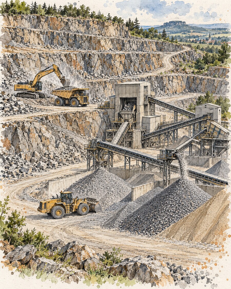 Tusche-Aquarell eines modernen Hartgesteinbruchs mit Hydraulikbagger, Muldenkipper, Brecher, Siebanlage und Halden.