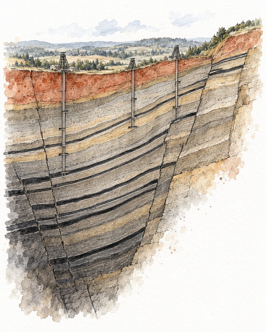 Handgezeichnetes geologisches Schnittbild mit einfallenden Steinkohlenflözen, Störungen und Schächten im Lugau-Oelsnitzer Revier