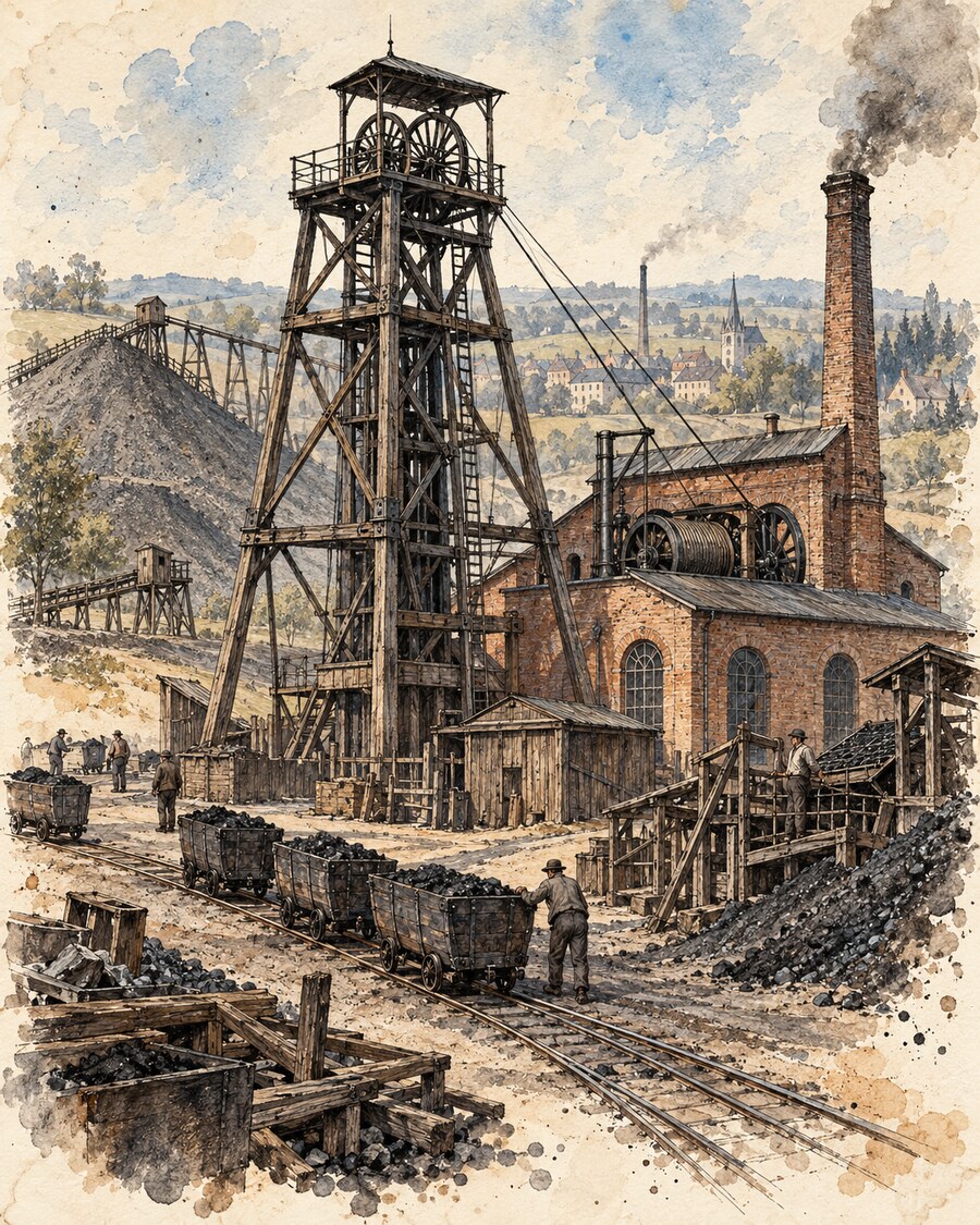 Historische Schachtanlage mit hölzernem Fördergerüst, Dampfmaschine, Kohlenhunte und Grubenbahn