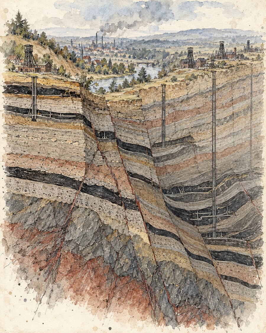 Handgezeichneter geologischer Schnitt durch das Zwickauer Steinkohlenrevier mit Flözen, Störungen und unterschiedlich tiefen Schächten
