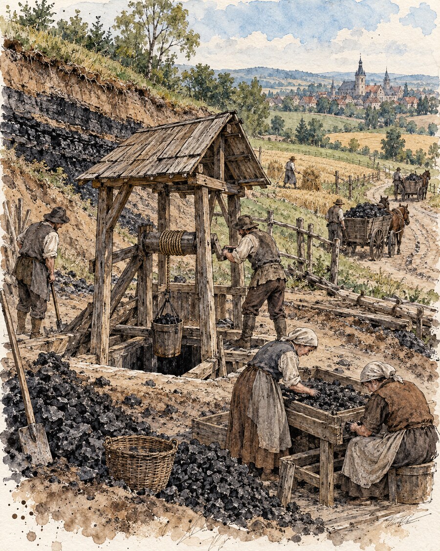 Früher Steinkohlenabbau bei Planitz mit Handhaspel, flachem Schacht, Kohlesortierung und Pferdefuhrwerken