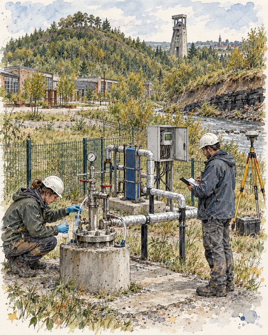 Moderne Messstelle mit Grubenwasserbohrung, Wärmetauscher und Vermessungstechnik vor begrüntem Halden- und Schachtgelände