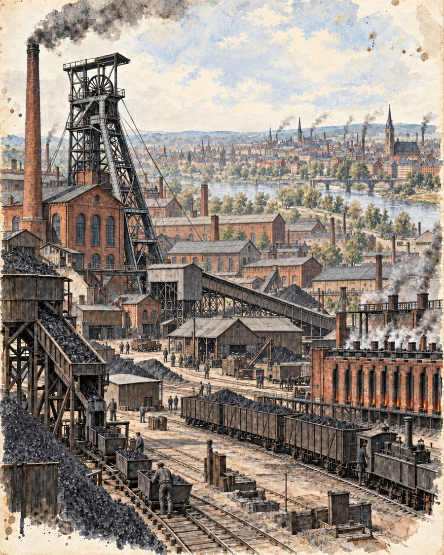 Tusche-Aquarell einer industriellen Zwickauer Schachtanlage mit einem eisernen Fördergerüst, Kokerei und Bahnverladung