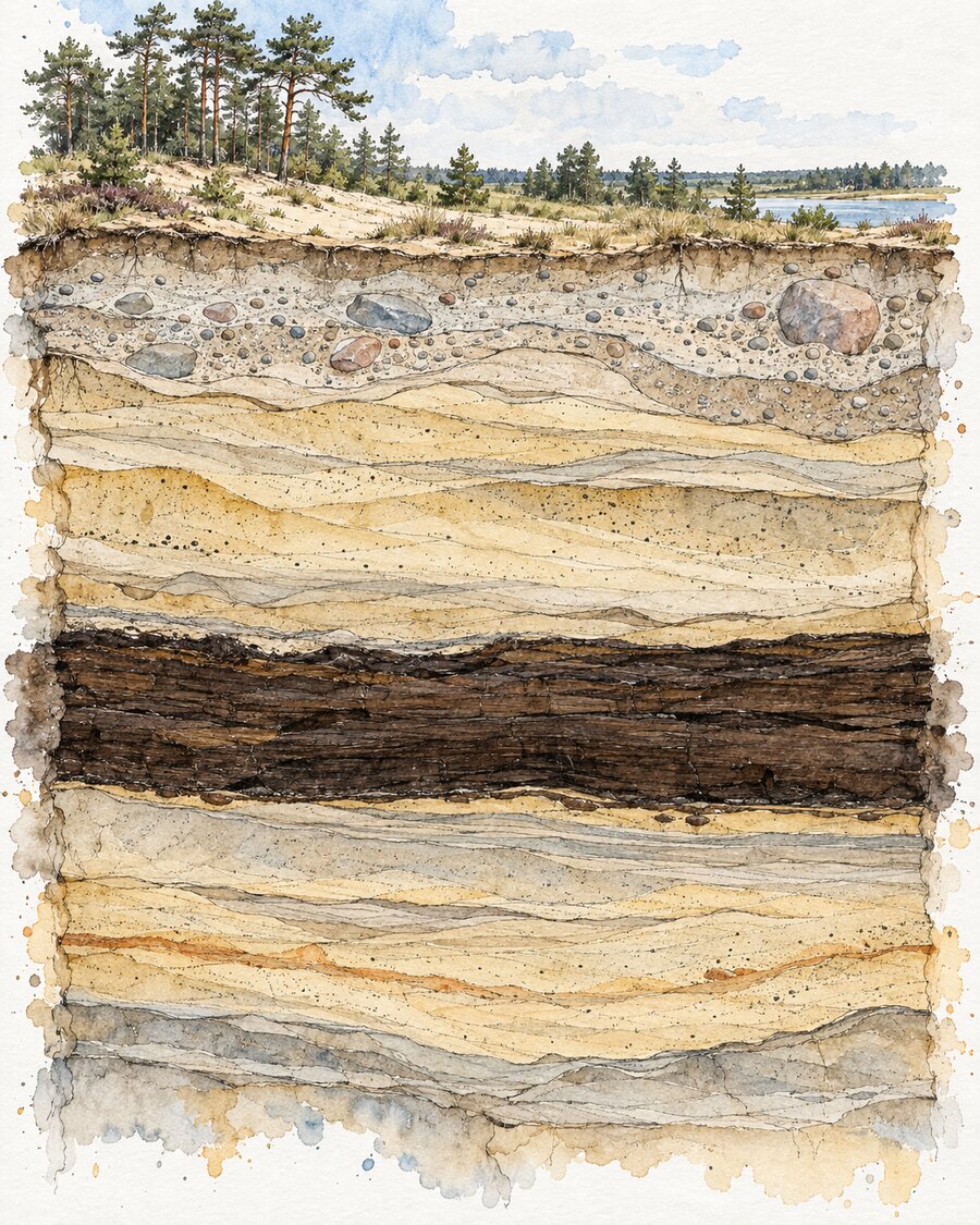 Gezeichnetes geologisches Profil der Lausitz mit sandigen Deckschichten und einem dunklen Braunkohlenflöz
