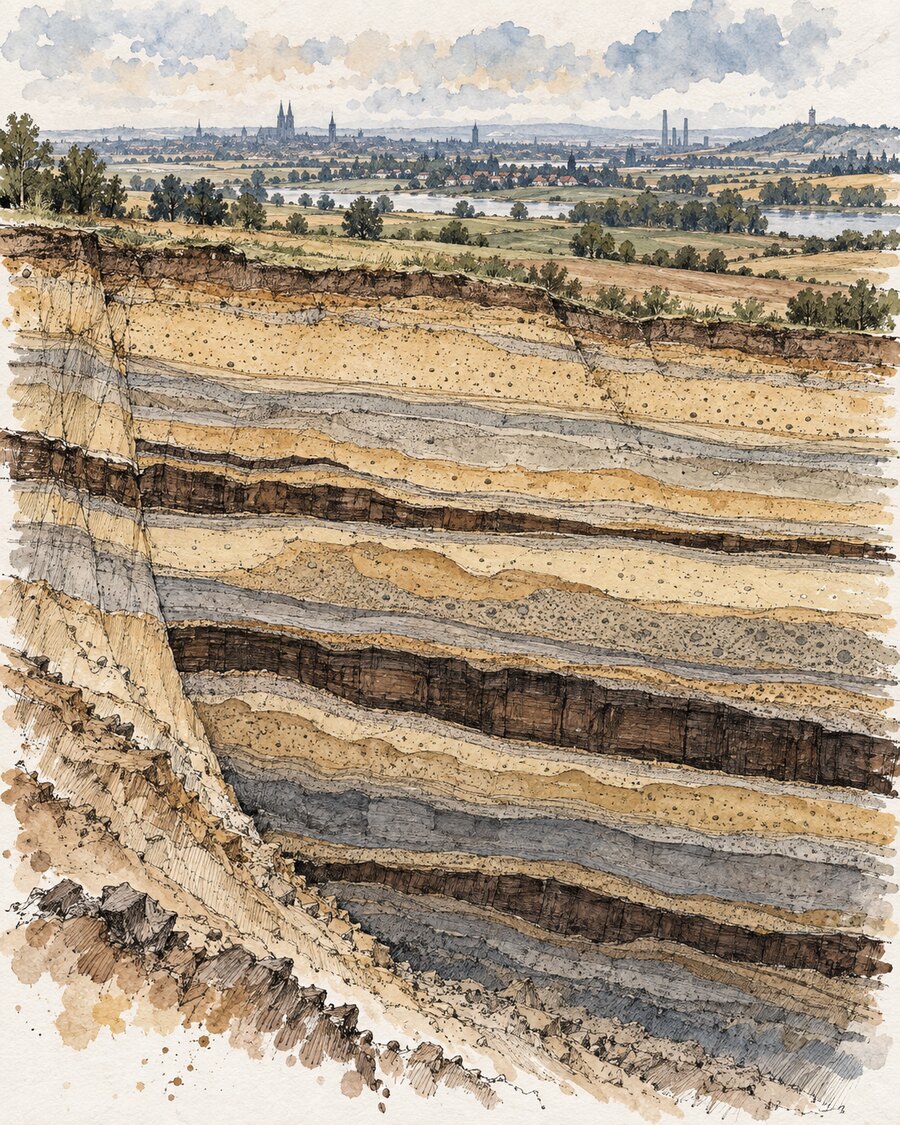 Gezeichneter geologischer Querschnitt mit mehreren Braunkohlenflözen unter der mitteldeutschen Landschaft