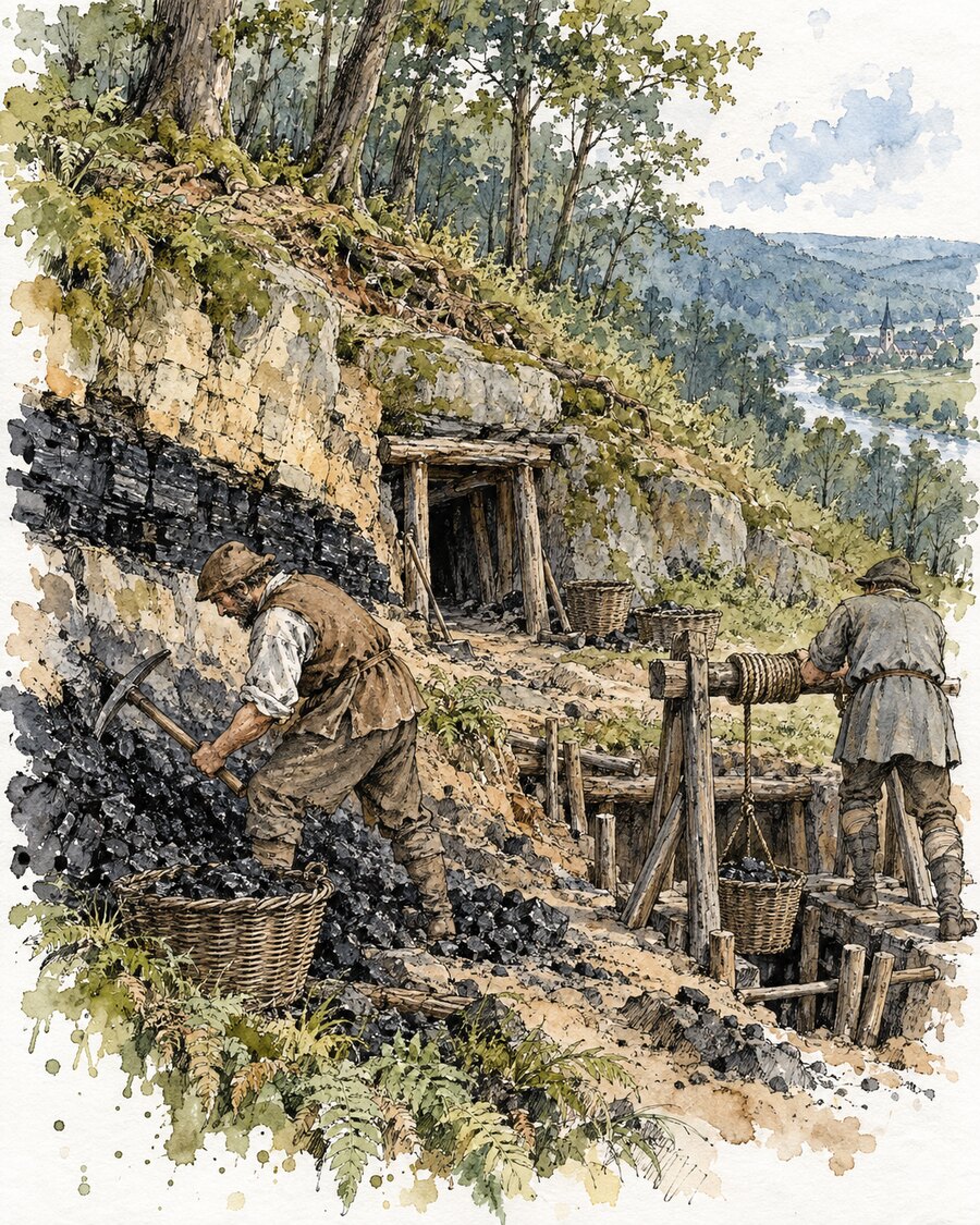 Früher Steinkohlenabbau an einem Flözausbiss im bewaldeten Saarrevier