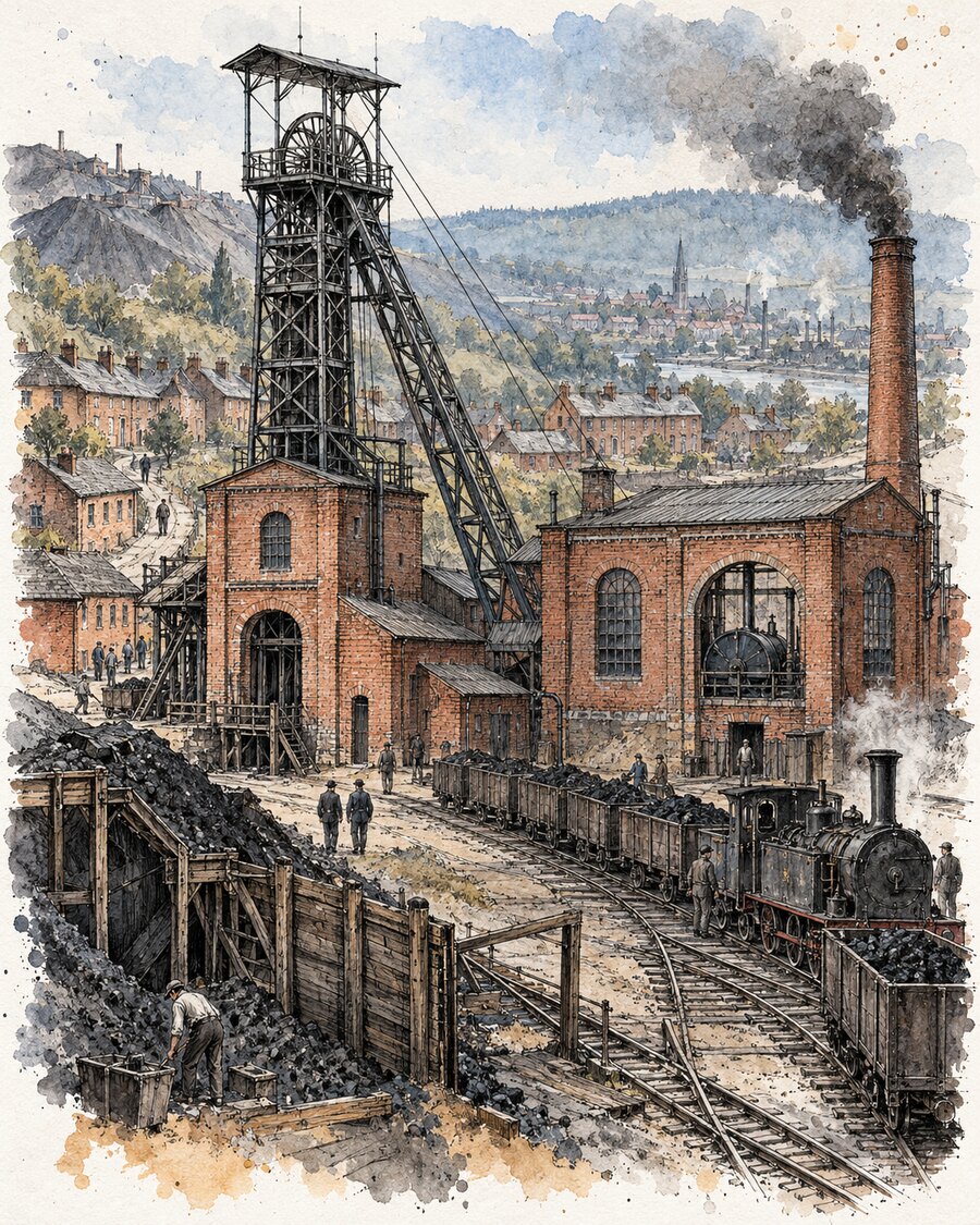 Industrialisierte Saargrube um 1880 mit Fördergerüst, Maschinenhaus und Grubenbahn