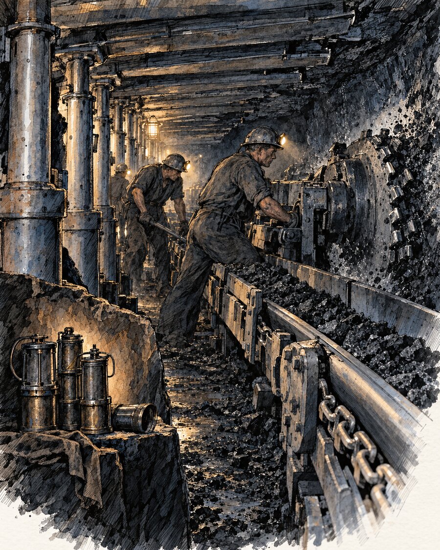 Mechanisierte Arbeit an einem saarländischen Steinkohlenstreb um 1960 mit Gedenklampen