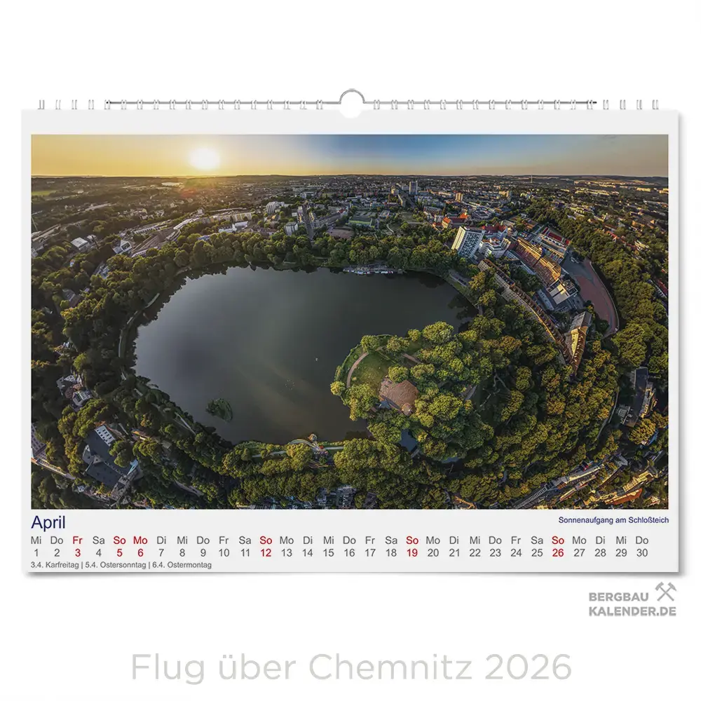 Chemnitz Kalender 2026 - Flug über Chemnitz - Monat April - Sonnenaufgang über den Schloßteich