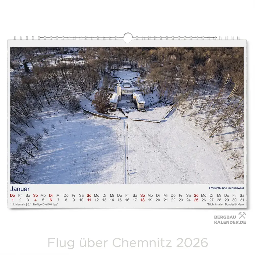 Chemnitz Kalender 2026 - Flug über Chemnitz - Monat Januar - Küchwald mit Freilichtbühne im Winter