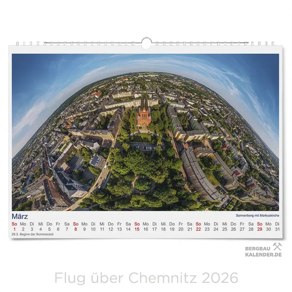 Chemnitz Kalender 2026 - Flug über Chemnitz - Monat März - Markuskirche und Körnerplatz