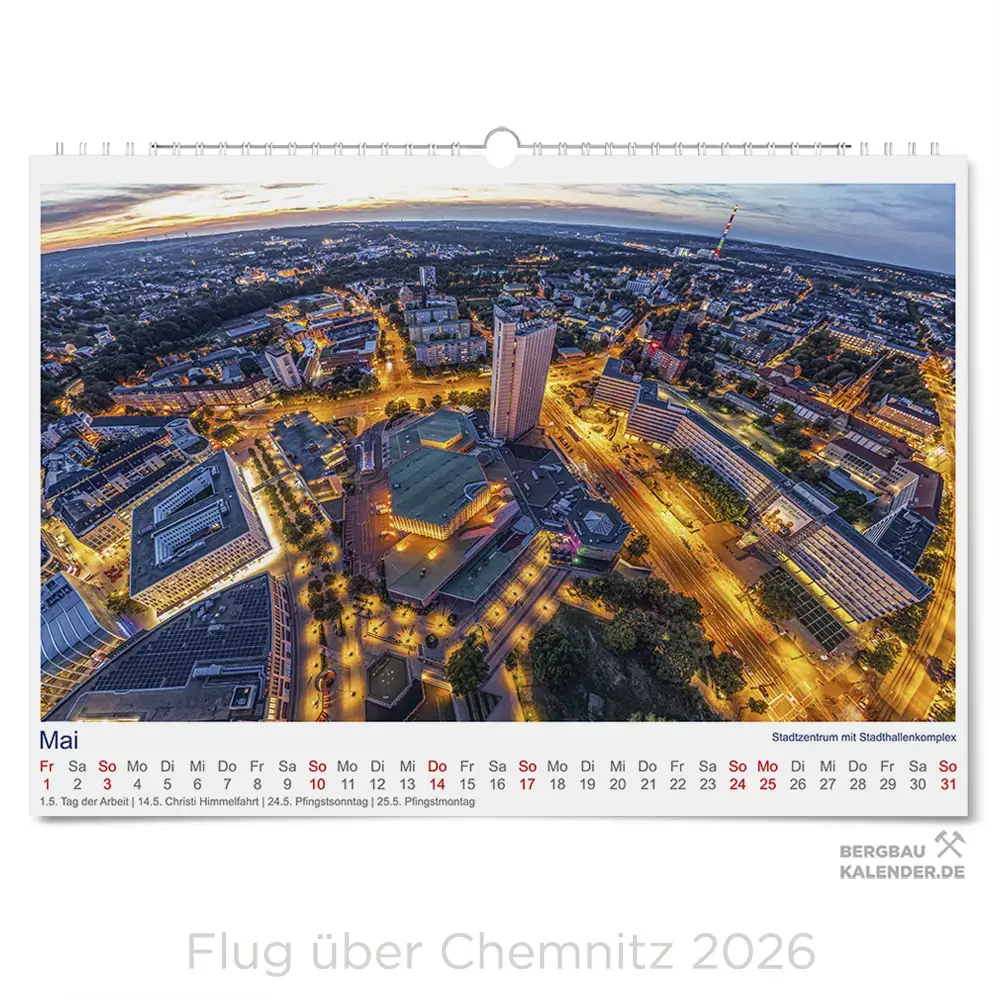 Chemnitz Kalender 2026 - Flug über Chemnitz - Monat Mai - Innenstadt mit Stadthallenkomplex und Karl-Marx-Monument