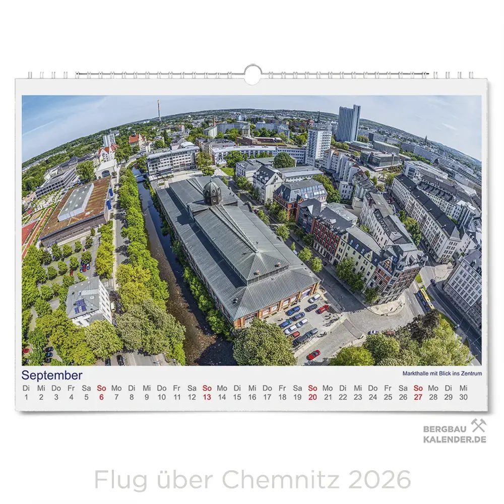 Chemnitz Kalender 2026 - Flug über Chemnitz - Monat September - Kaßbergauffahrt und Markthalle