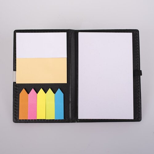 Graues Notizbuch mit farbigen und weißen Klebezetteln sowie Schreibblock - Vorn mit metallischen Aufkleber Glück Auf!