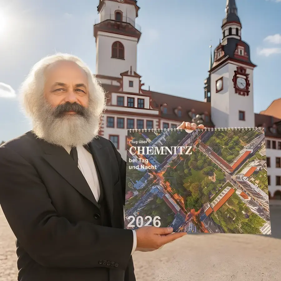 Chemnitz 2026 - der neue Wandkalender Flug über Chemnitz mit wunderbaren Abbildungen bei Tag und Nacht