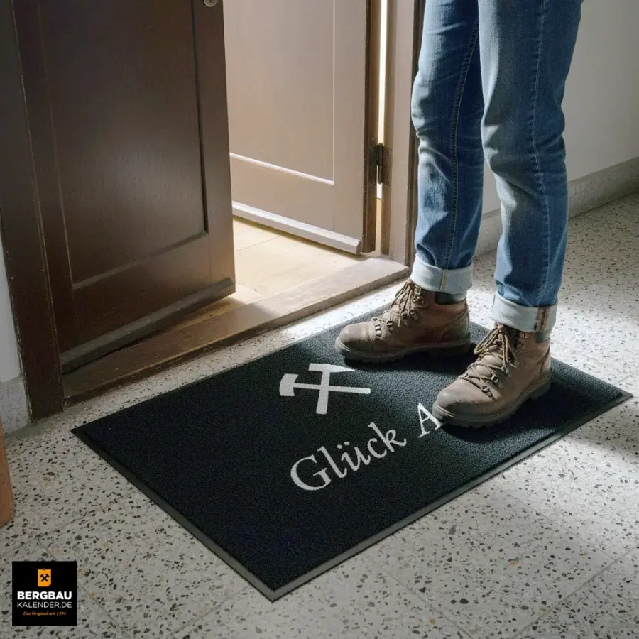 Non-slip doormat for front door with mining motif HAMMER AND IRON - GOOD LUCK!