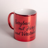 Ceramic mug, red mirror finish with mining motif...